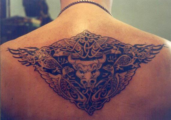 Bull with Celtic Knots and Wings Back Tattoo Bull With Celtic Knots and Wings