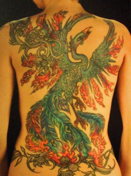 blue pheonix back tattoo 445x600 Blue Phoenix Full Back Tattoo