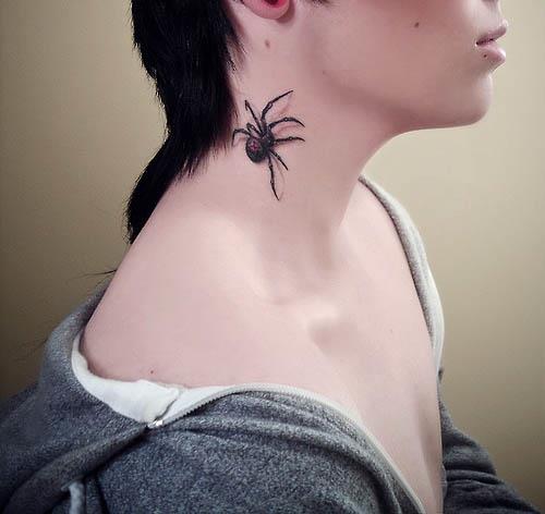 3d black widow spider neck tattoo 3D Black Widow Spider Neck Tattoo