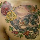 Skull with Red and Yellow Roses Tattoo