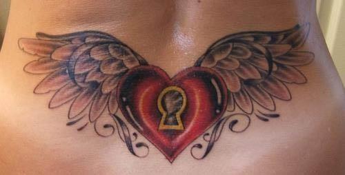 locked heart with wings lower back tattoo Locked Heart With Wings Lower Back Tattoo