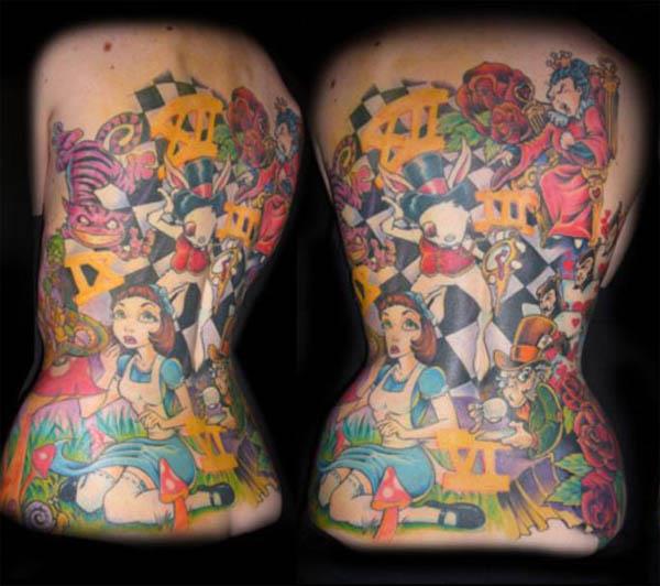 original colorful alice in wonderland backpiece Ink in Wonderland: 25 Mad Alice in Wonderland Tattoos