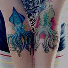 Blue Squid and Green Octopus Tattoos