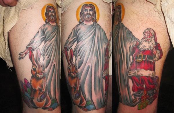 Jesus Santa and Easter Bunny 600x391 17 Christmas Tattoos That You Have To See